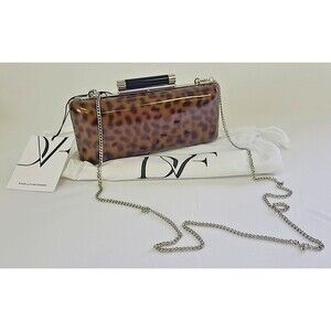 DIANE VON FURSTENBERG Patent Leopard Animal Print Tonda Clutch Silver Chain BNWT